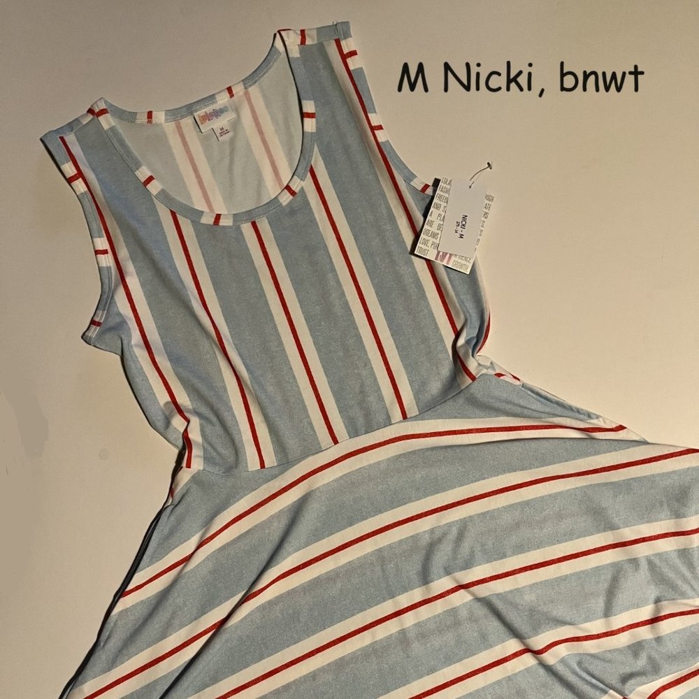 Medium Lularoe Nicki dress, blue with white and red stripes